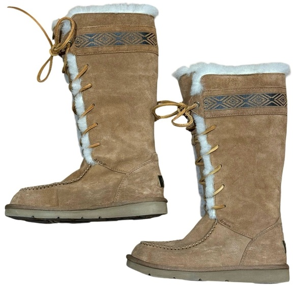 Ugg Sz 6 Tularosa Tall Boots Chestnut Suede Shearling Wool Lace Up Cozy Winter - Picture 6 of 12